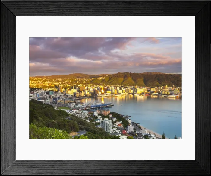 Framed Print : Elevated view over central Wellington illuminated at sunrise, Wellington, North Island Framed Print : Elevated view over central Wellington illuminated at sunrise, Wellington, North Island