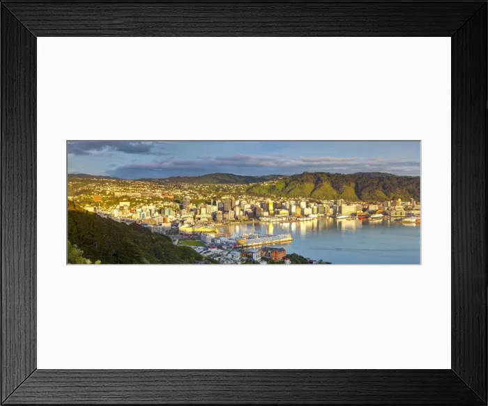 Framed Print : Elevated view over central Wellington illuminated at sunrise, Wellington, North Island Framed Print : Elevated view over central Wellington illuminated at sunrise, Wellington, North Island