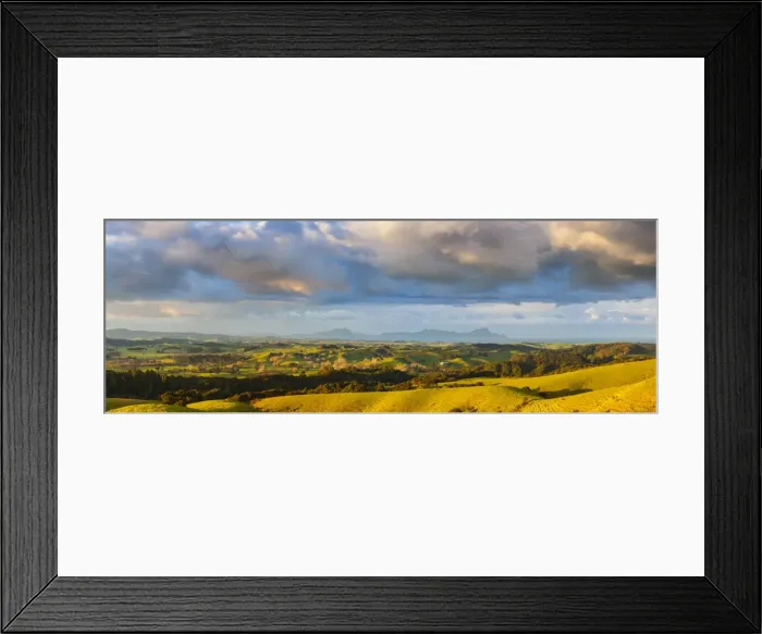 Framed Print : Elevated view over Bream Bay and Whangarei Heads illuminated at sunset, Nortland Framed Print : Elevated view over Bream Bay and Whangarei Heads illuminated at sunset, Nortland