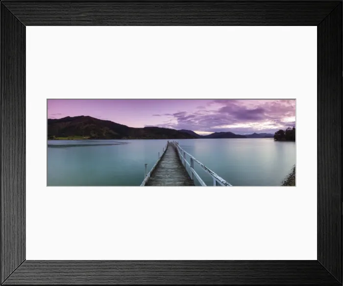 Framed Print : Dusk falls over picturesque wharf in idyllic Kenepuru Sound, Marlborough Sounds, South Island