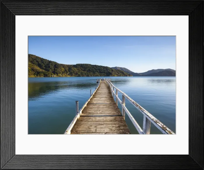 Framed Print : Picturesque wharf in the idyllic Kenepuru Sound, Marlborough Sounds, South Island Framed Print : Picturesque wharf in the idyllic Kenepuru Sound, Marlborough Sounds, South Island