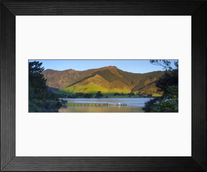 Framed Print : Picturesque Wharf in Idyllic Kenepuru Sound, Marlborough Sounds, South Island, New Framed Print : Picturesque Wharf in Idyllic Kenepuru Sound, Marlborough Sounds, South Island, New