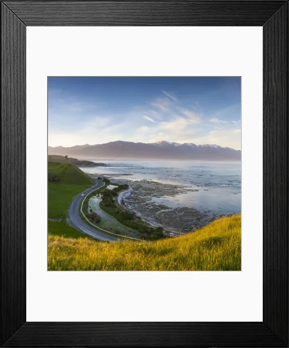 Framed Print : Elevated view over picturesque Kaikoura peninsula illuminated at sunset, Kaikoura
