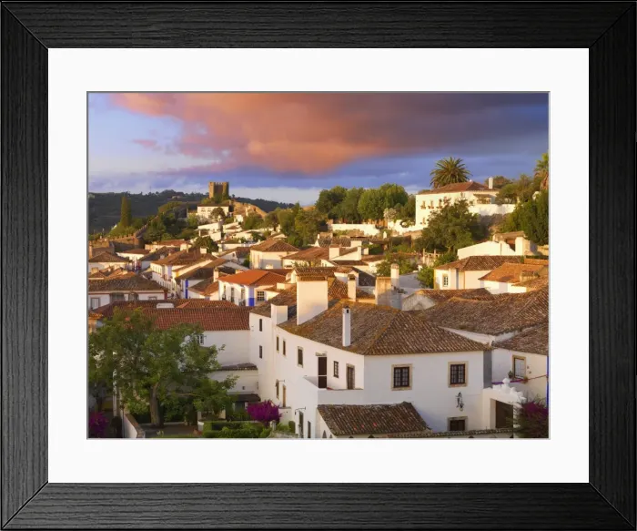 Framed Print : Portugal, Estramadura, Obidos, overview of 12th century town at dusk Framed Print : Portugal, Estramadura, Obidos, overview of 12th century town at dusk