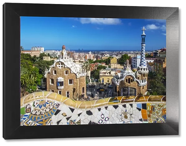 Entrance of Park Guell with city skyline behind, Barcelona, Catalonia, Spain