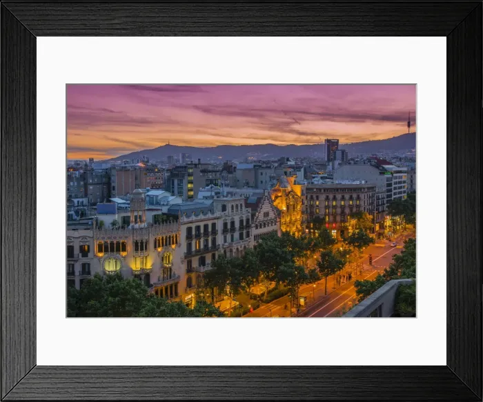 Framed Print : Top view at sunset over Passeig de Gracia with Casa Battlo and Casa Amatller, Barcelona Framed Print : Top view at sunset over Passeig de Gracia with Casa Battlo and Casa Amatller, Barcelona