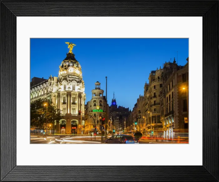 Framed Print : Night view of Gran Via street and Metropolis Building with car light trails, Madrid Framed Print : Night view of Gran Via street and Metropolis Building with car light trails, Madrid