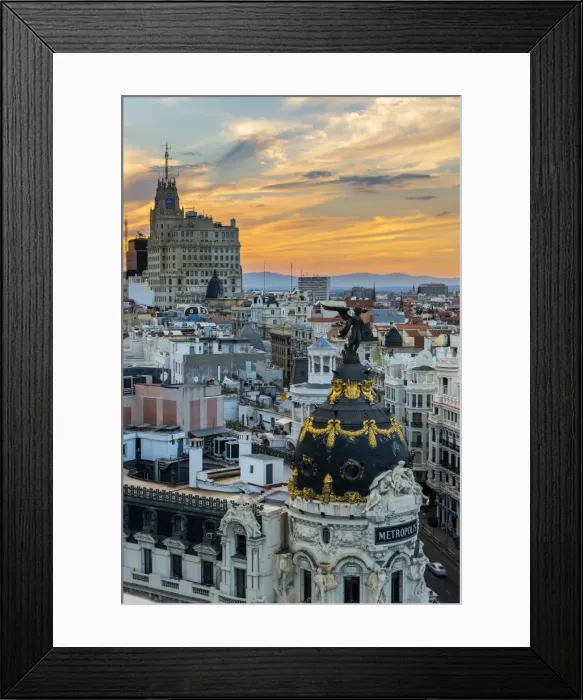 Framed Print : Skyline with Metropolis building and Gran Via street at sunset, Madrid, Comunidad de Madrid Framed Print : Skyline with Metropolis building and Gran Via street at sunset, Madrid, Comunidad de Madrid