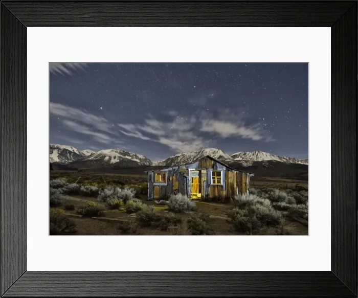 Framed Print : Abandoned cabin at night with Sierra Nevada mountains in back, Mono Lake, Eastern Sierra Framed Print : Abandoned cabin at night with Sierra Nevada mountains in back, Mono Lake, Eastern Sierra