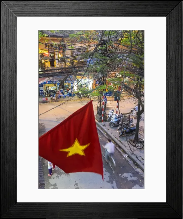 Framed Print : Vietnamese flag & street scene, Hanoi, Vietnam