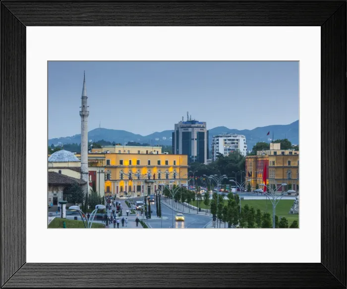 Framed Print : Albania, Tirana, Skanderbeg Square, elevated view, dusk Framed Print : Albania, Tirana, Skanderbeg Square, elevated view, dusk
