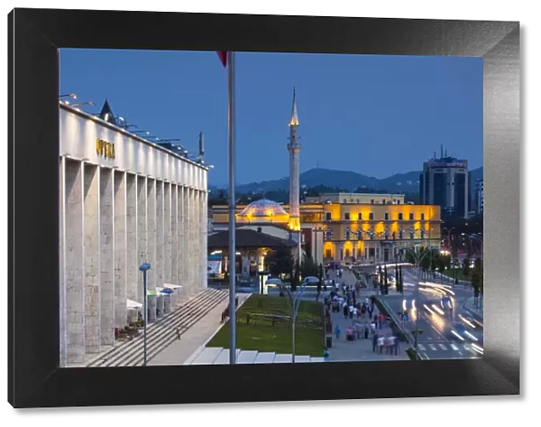 Albania, Tirana, Skanderbeg Square and Opera Building, dusk