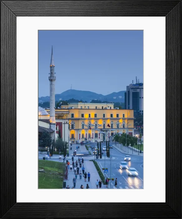 Framed Print : Albania, Tirana, Skanderbeg Square, elevated view, dusk Framed Print : Albania, Tirana, Skanderbeg Square, elevated view, dusk