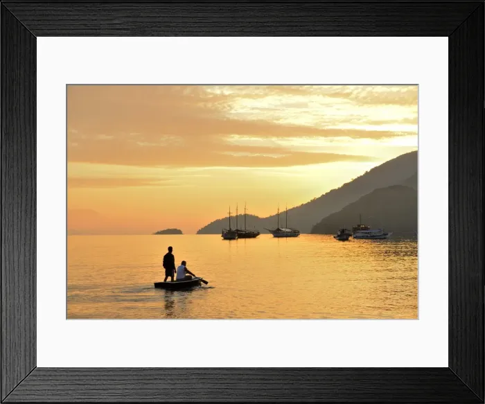 Framed Print : People on dingy paddeling out to ship, cove at Vila do Abrao, Ilha Grande, Rio de Janeiro
