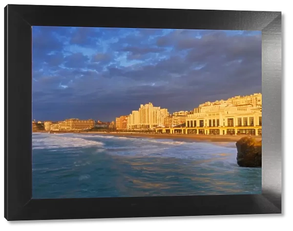 France, Biarritz, Pyrenees-Atlantique, Panorama of Grand Plage at sunset