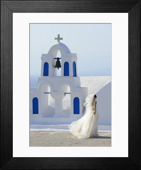 Framed Print : Bride walking past church, Santorini, Kyclades, South Aegean, Greece, Europe