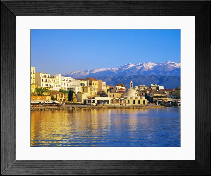 Framed Print : Chania waterfront and mountains in background, Chania, Crete, Greece, Europe Framed Print : Chania waterfront and mountains in background, Chania, Crete, Greece, Europe