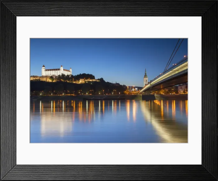 Framed Print : Bratislava Castle, St Martins Cathedral and New Bridge at dusk, Bratislava, Slovakia Framed Print : Bratislava Castle, St Martins Cathedral and New Bridge at dusk, Bratislava, Slovakia