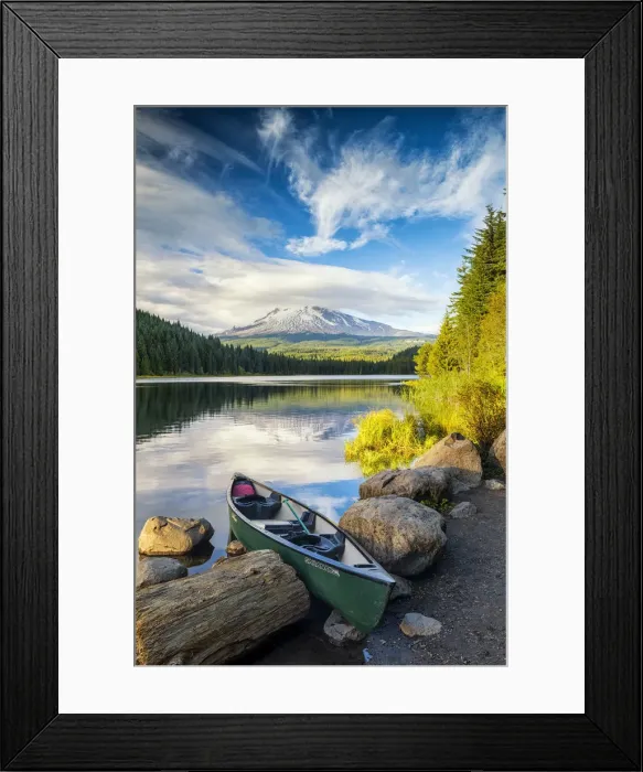 Framed Print : Canoe on Trillium Lake with Mt. Hood, Oregon, USA