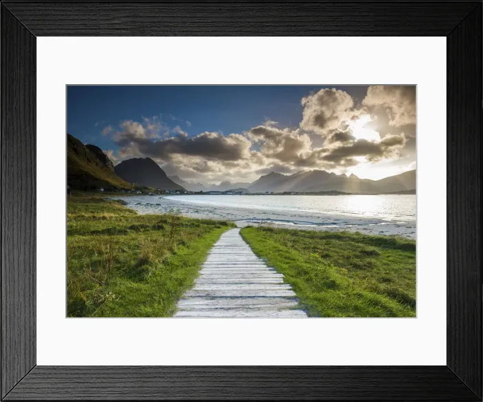 Framed Print : Boardwalk Leading to Ramberg Beach, Lofoten Islands, Norway Framed Print : Boardwalk Leading to Ramberg Beach, Lofoten Islands, Norway