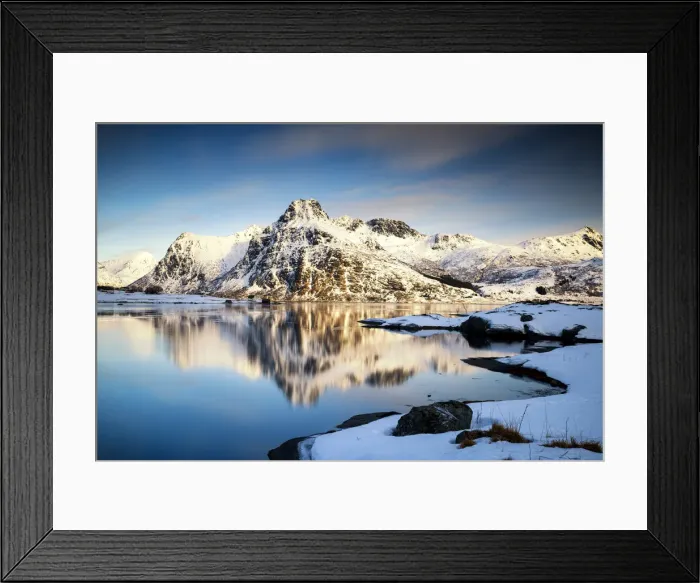 Framed Print : Blekktinden Reflecting in Flakstadpollen, Lofoten Islands, Norway Framed Print : Blekktinden Reflecting in Flakstadpollen, Lofoten Islands, Norway