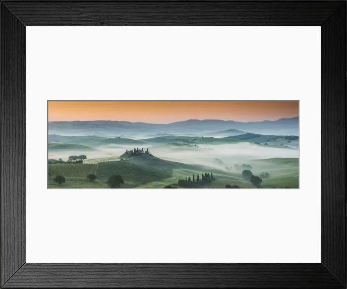 Framed Print : Misty Landscape Behind Belvedere, Val d Orcia, Tuscany, Italy Framed Print : Misty Landscape Behind Belvedere, Val d Orcia, Tuscany, Italy