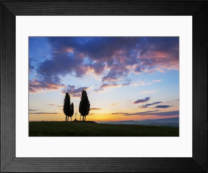 Framed Print : Cypress Trees & Cross at Sunrise, Val d Orcia, Tuscany, Italy