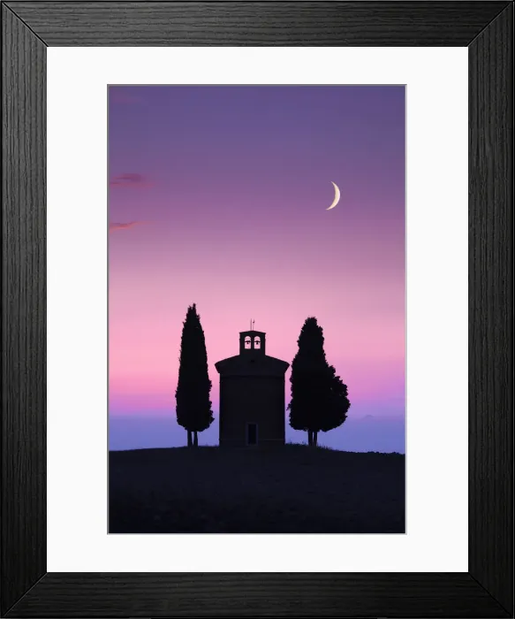Framed Print : Crescent Moon over Chapel Madonna di Vitaleta, Val d Orcia, Tuscany, Italy