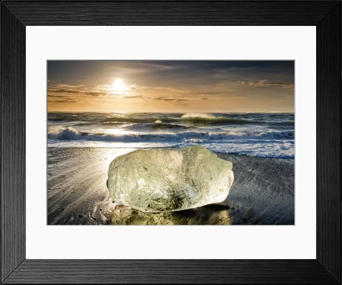 Framed Print : Glacial Iceberg at Sunrise, Jokulsarlon Beach, Iceland