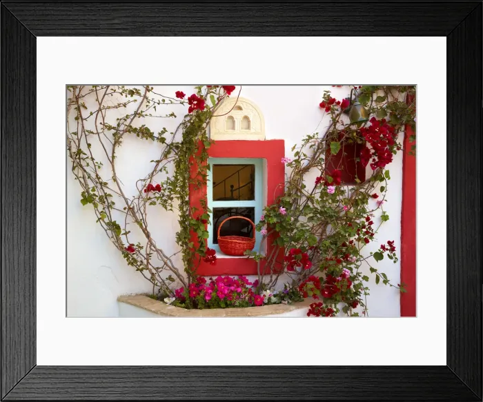 Framed Print : Colourful Window Detail, Oia, Santorini, Greece