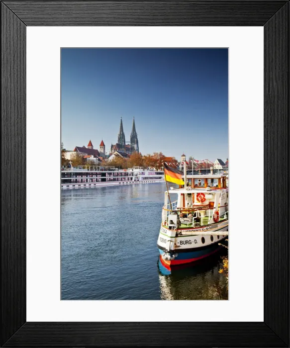 Framed Print : Boats along River Danube, Regensburg, Bavaria, Germany Framed Print : Boats along River Danube, Regensburg, Bavaria, Germany