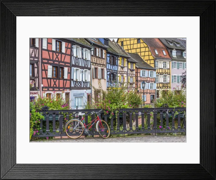 Framed Print : Red Bike & Timbered Buildings, Colmer, Alsace, France Framed Print : Red Bike & Timbered Buildings, Colmer, Alsace, France