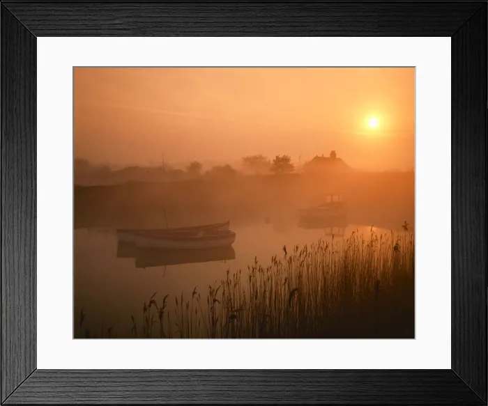 Framed Print : Boats on River Alde at Sunrise, Snape, Suffolk, England Framed Print : Boats on River Alde at Sunrise, Snape, Suffolk, England