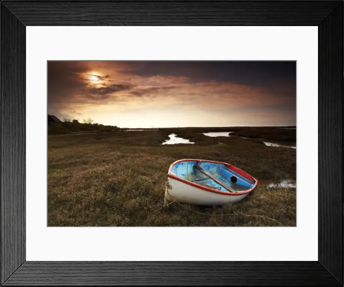 Framed Print : Dinghy at Sunset, Brancaster, Norfolk, England Framed Print : Dinghy at Sunset, Brancaster, Norfolk, England