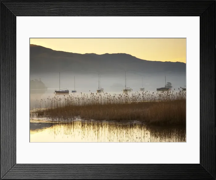 Framed Print : Sailboats on Derwent Water in Mist, Lake District National Park, Cumbria, England