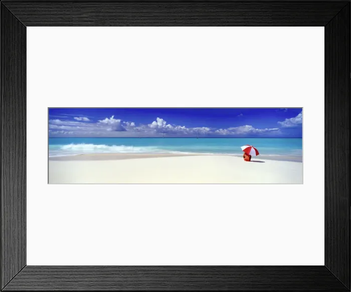 Framed Print : Woman with Red & White Umbrella on beach, Barbuda, Caribbean, West Indies