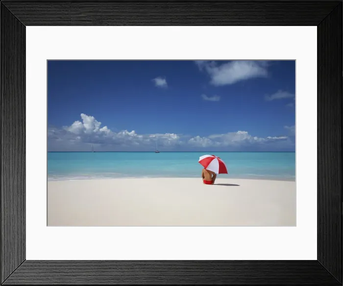 Framed Print : Woman Sitting on Beach with Red & White Umbrella, Barbuda, Caribbean, West Indies Framed Print : Woman Sitting on Beach with Red & White Umbrella, Barbuda, Caribbean, West Indies
