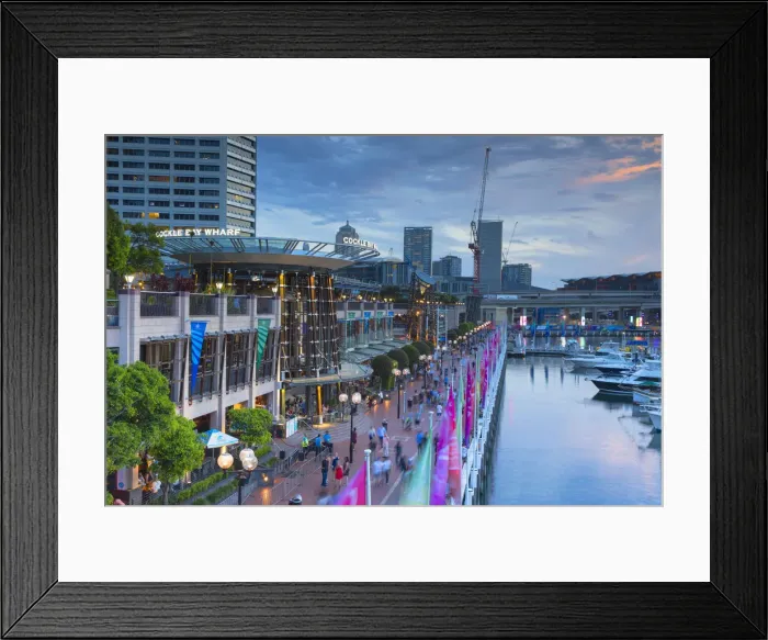 Framed Print : Cockle Bay Wharf at dusk, Darling Harbour, Sydney, New South Wales, Australia