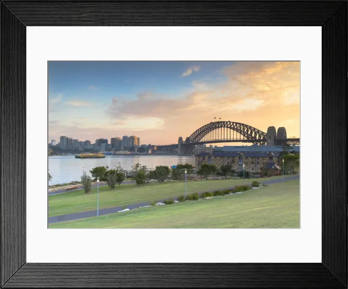 Framed Print : Sydney Harbour Bridge from Barangaroo Reserve at sunrise, Sydney, New South Wales Framed Print : Sydney Harbour Bridge from Barangaroo Reserve at sunrise, Sydney, New South Wales