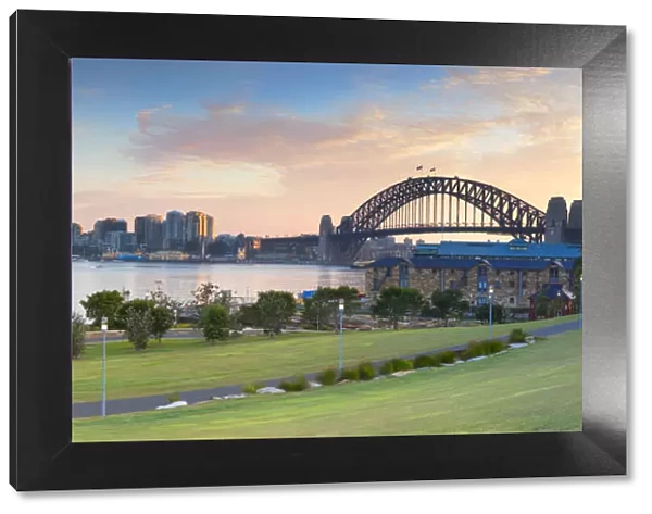 Sydney Harbour Bridge from Barangaroo Reserve at sunrise, Sydney, New South Wales
