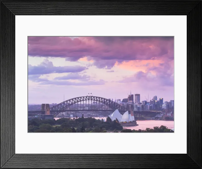 Framed Print : View of Sydney Harbour Bridge and Sydney Opera House at sunset, Sydney, New South Wales Framed Print : View of Sydney Harbour Bridge and Sydney Opera House at sunset, Sydney, New South Wales