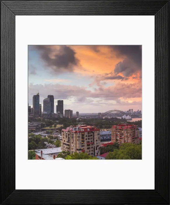 Framed Print : View of Sydney at sunset, Sydney, New South Wales, Australia Framed Print : View of Sydney at sunset, Sydney, New South Wales, Australia