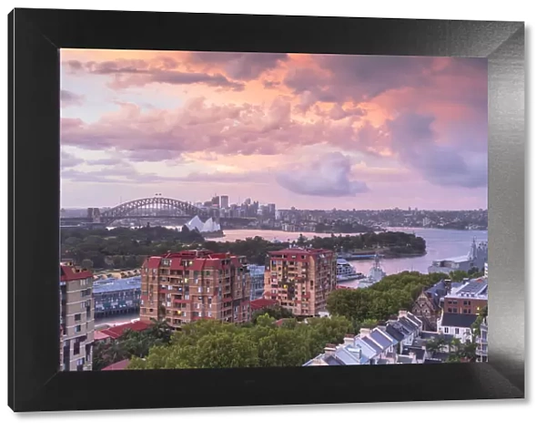 View of Sydney Harbour Bridge and Sydney Harbour at sunset, Sydney, New South Wales
