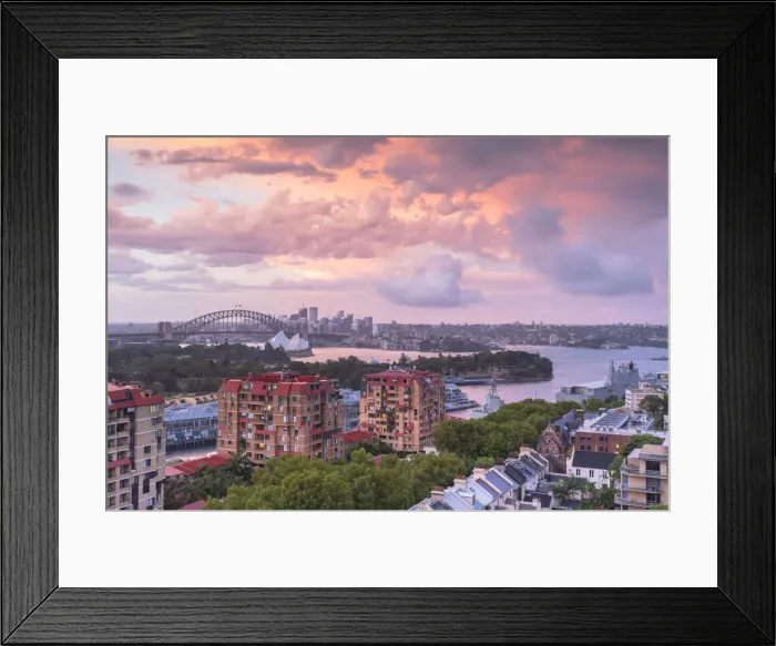 Framed Print : View of Sydney Harbour Bridge and Sydney Harbour at sunset, Sydney, New South Wales
