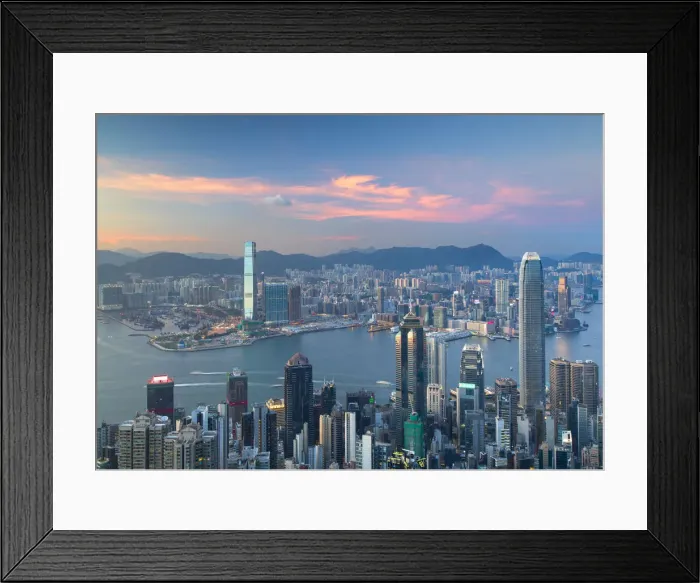 Framed Print : Skyline of Hong Kong Island and Kowloon from Victoria Peak at sunset, Hong Kong Island Framed Print : Skyline of Hong Kong Island and Kowloon from Victoria Peak at sunset, Hong Kong Island