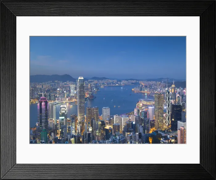 Framed Print : Skyline of Hong Kong Island and Kowloon from Victoria Peak at dusk, Hong Kong Island Framed Print : Skyline of Hong Kong Island and Kowloon from Victoria Peak at dusk, Hong Kong Island
