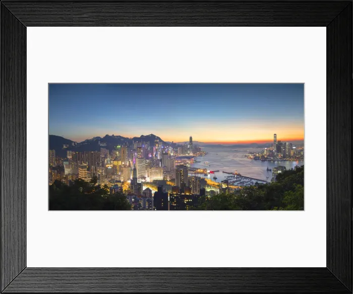 Framed Print : Skyline of Hong Kong Island and Kowloon at sunset, Hong Kong Framed Print : Skyline of Hong Kong Island and Kowloon at sunset, Hong Kong