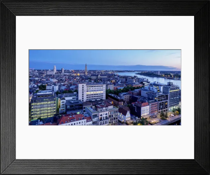 Framed Print : City Center Skyline at twilight, elevated view, Antwerp, Belgium