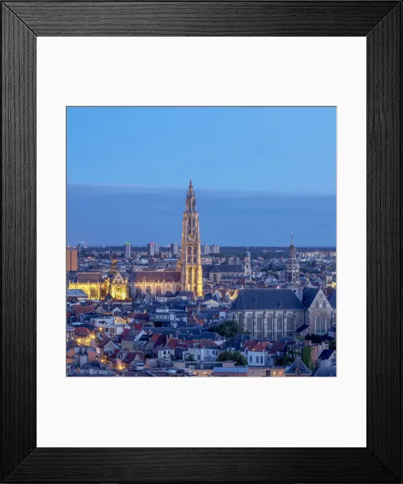 Framed Print : City Center Skyline at twilight, elevated view, Antwerp, Belgium