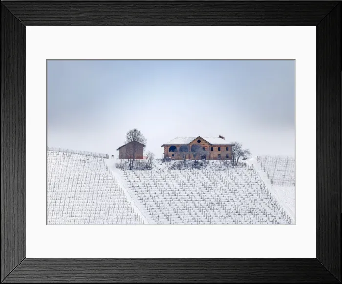 Framed Print : Langhe, Cuneo district, Piedmont, Italy. Langhe wine region winter snow, Fontanafredda Framed Print : Langhe, Cuneo district, Piedmont, Italy. Langhe wine region winter snow, Fontanafredda